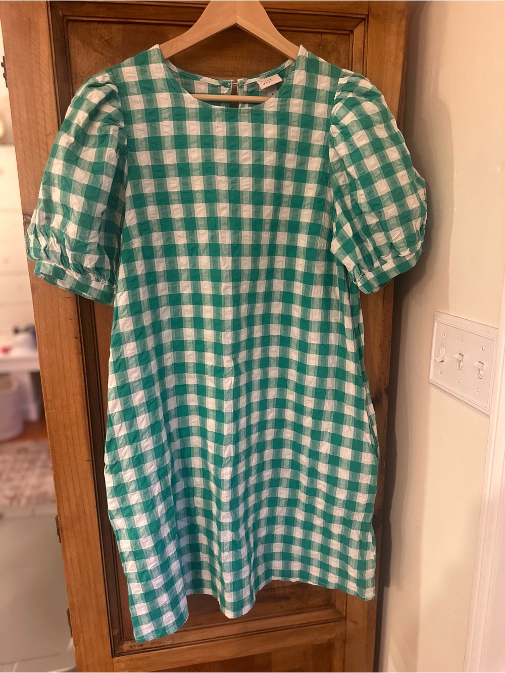 Green and White Gingham Puff-Sleeve Dress Large